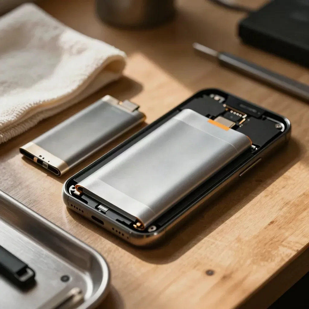 Open telefoon met nieuwe accu, oude batterij en kleefstrips op warme werkbank.