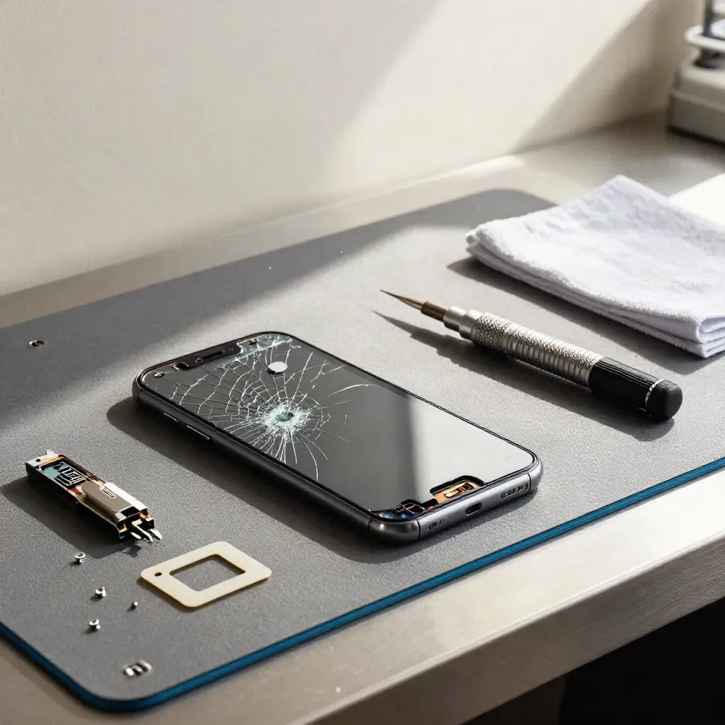 Gebarsten smartphone naast nieuw scherm, gereedschap en zuignap op een reparatiewerkbank.