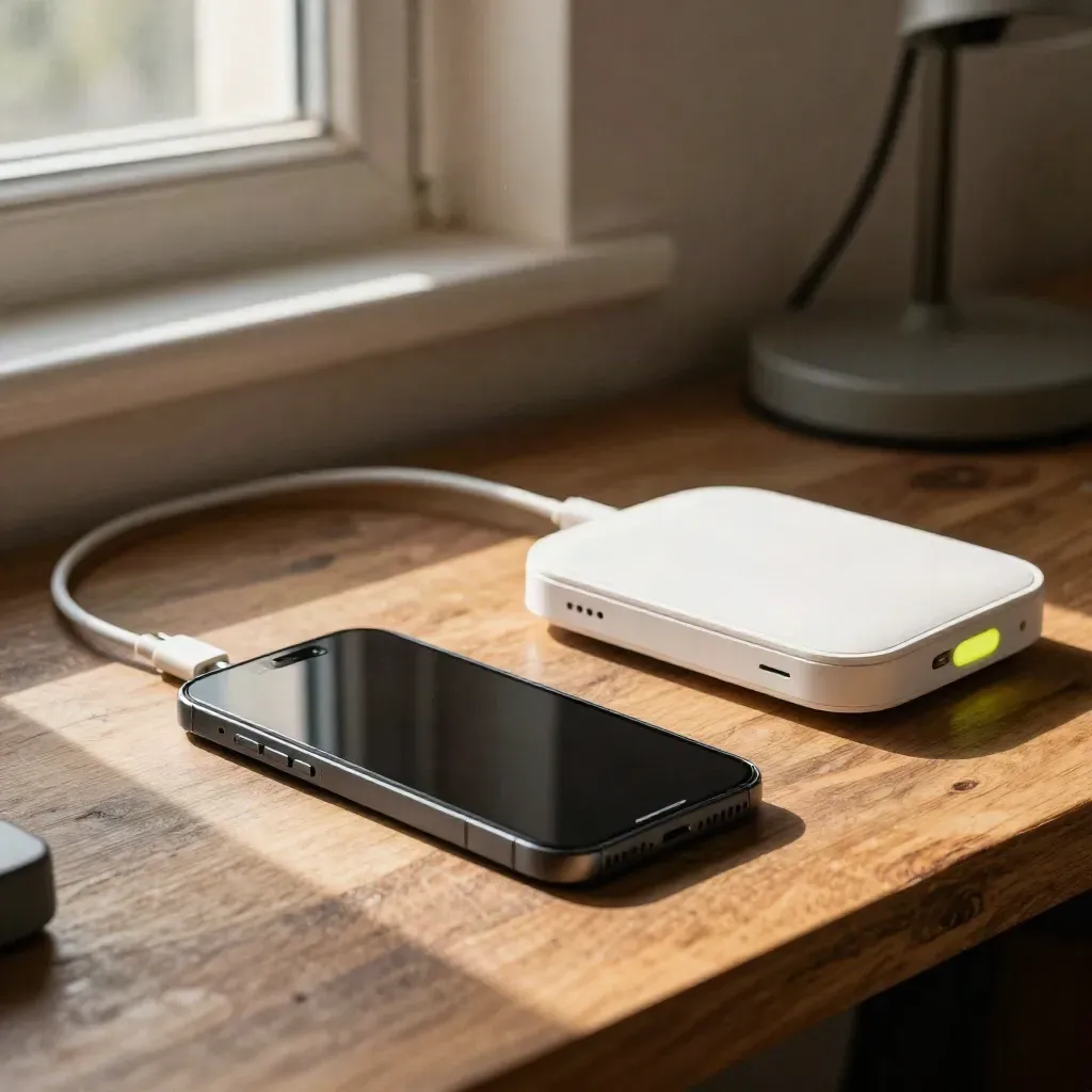 Schakelklare telefoon met simtray, kabel en router op een warme houten werkbank.