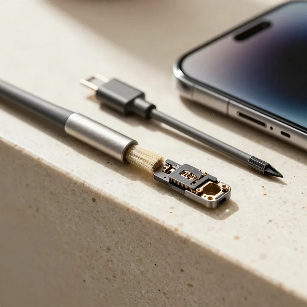 Schoon laadpoortje van een smartphone met borstel, schroevendraaier en kabelplug op travertin.