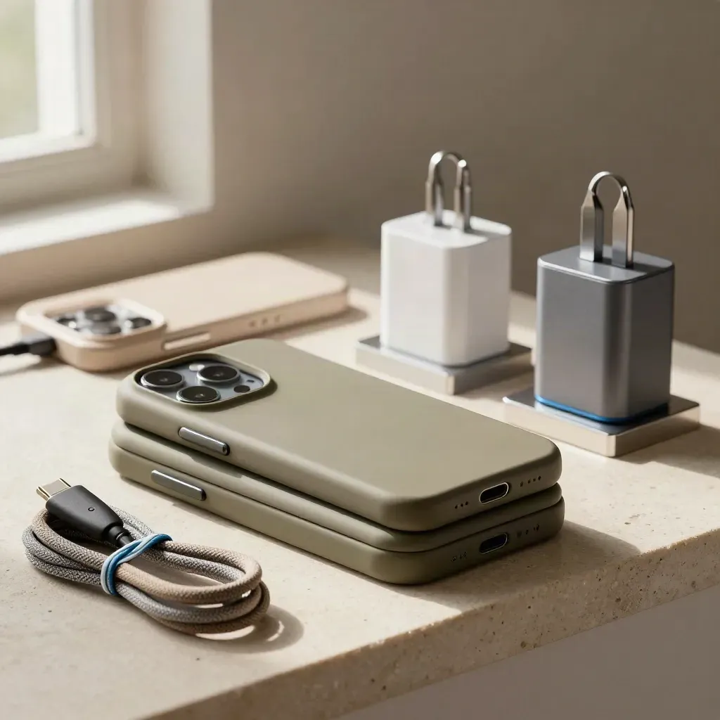 Phonehoesjes, kabels en laders op een stenen plank met warm daglicht.