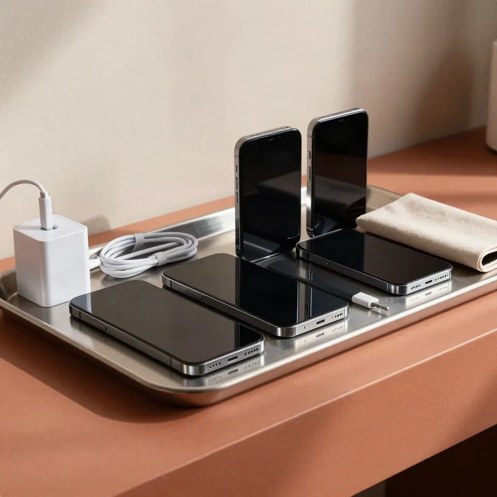 Drie refurbished smartphones met accessoires op een metalen tray in een warme werkruimte.