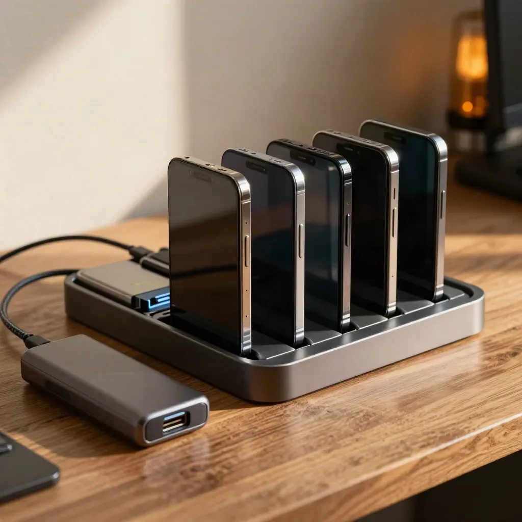 Vijf gerepareerde smartphones naast laders en een compacte hub op een warme werkbank.
