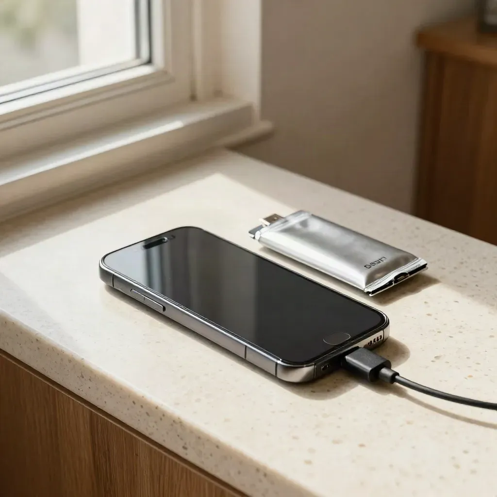 Smartphone op laadkabel met losse batterij en reservekabel op lichte stenen balie.