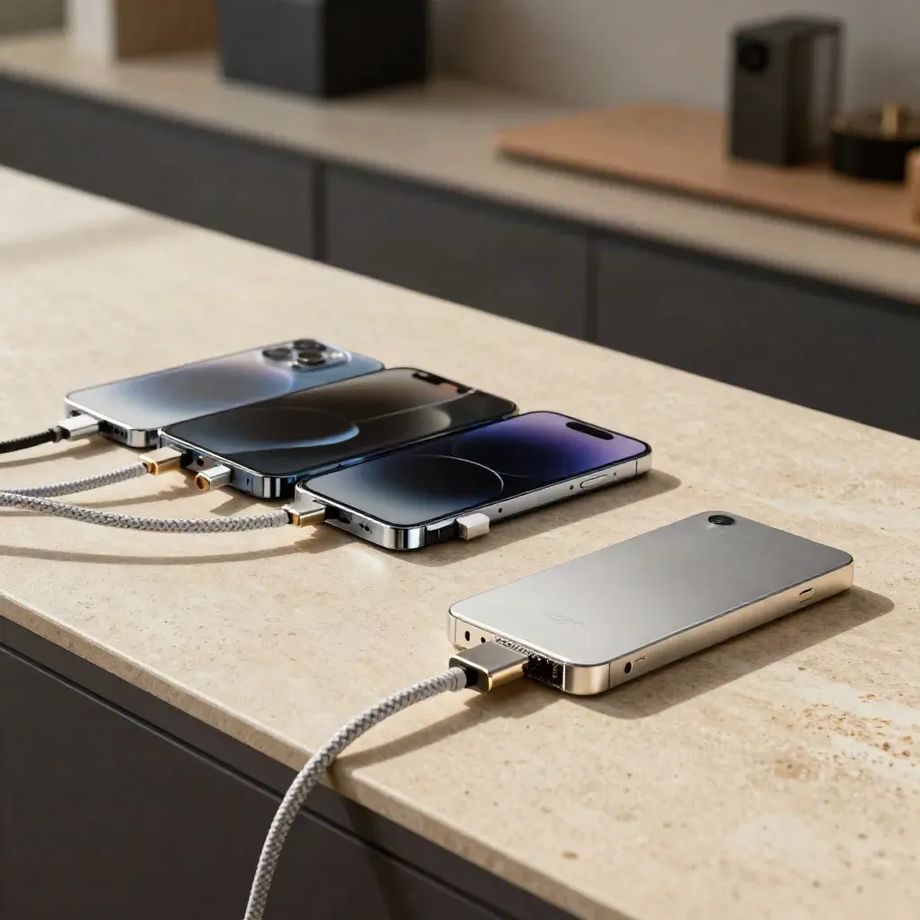 Rij nieuwe smartphones met kabel en SSD op een neutrale tafel in zachte studiobelichting.
