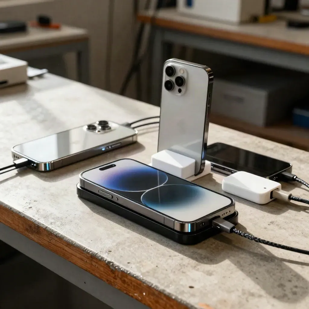Drie refurbished smartphones met laders en testdock in een cineastische werkbankopstelling.