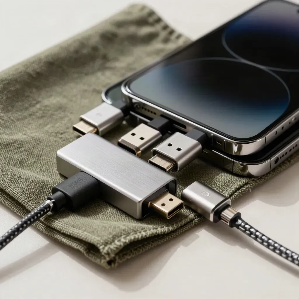 Twee smartphones, USB-C adapters en een klein extern schijfje op een werkmat.