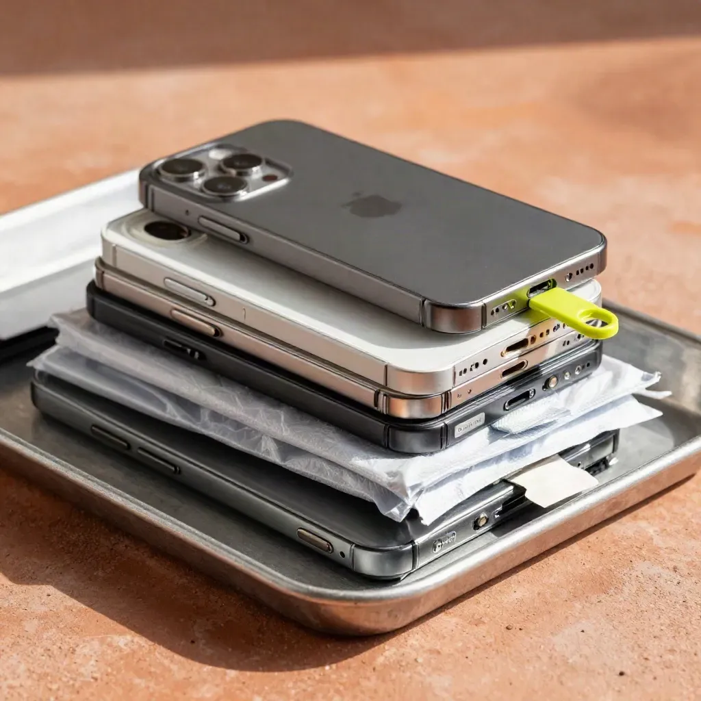 Gestapelde refurbished smartphones, backcovers en antistatische zakjes op een metalen tray.