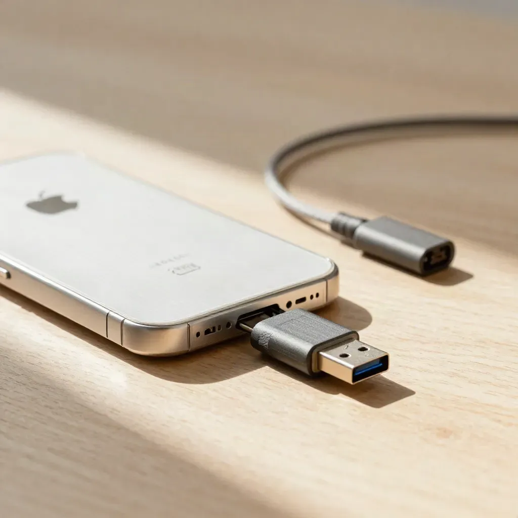 Diagnostische smartphone met uitgeschoven simtray en USB-teststekker op licht eikenhout.