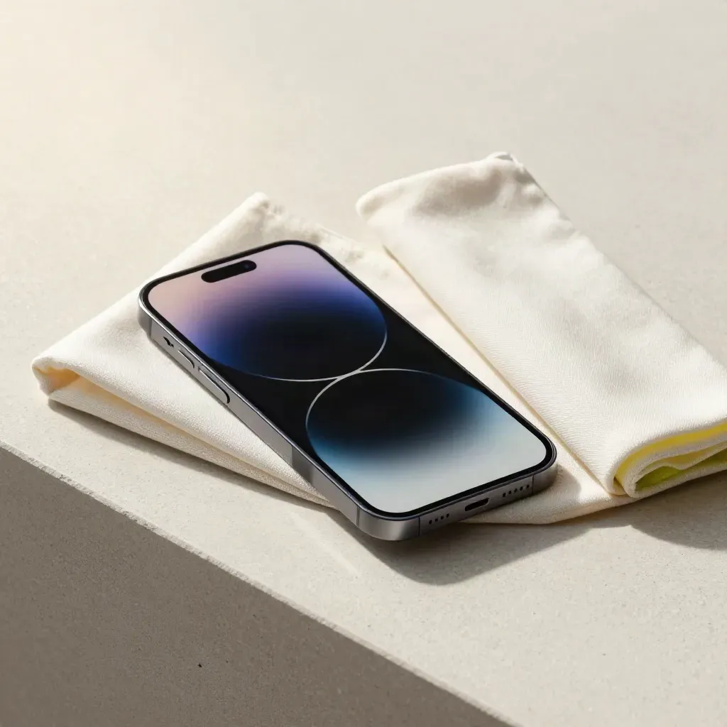 Smartphone met sleeve en microfiber pouch op lichte pleisterachtergrond.