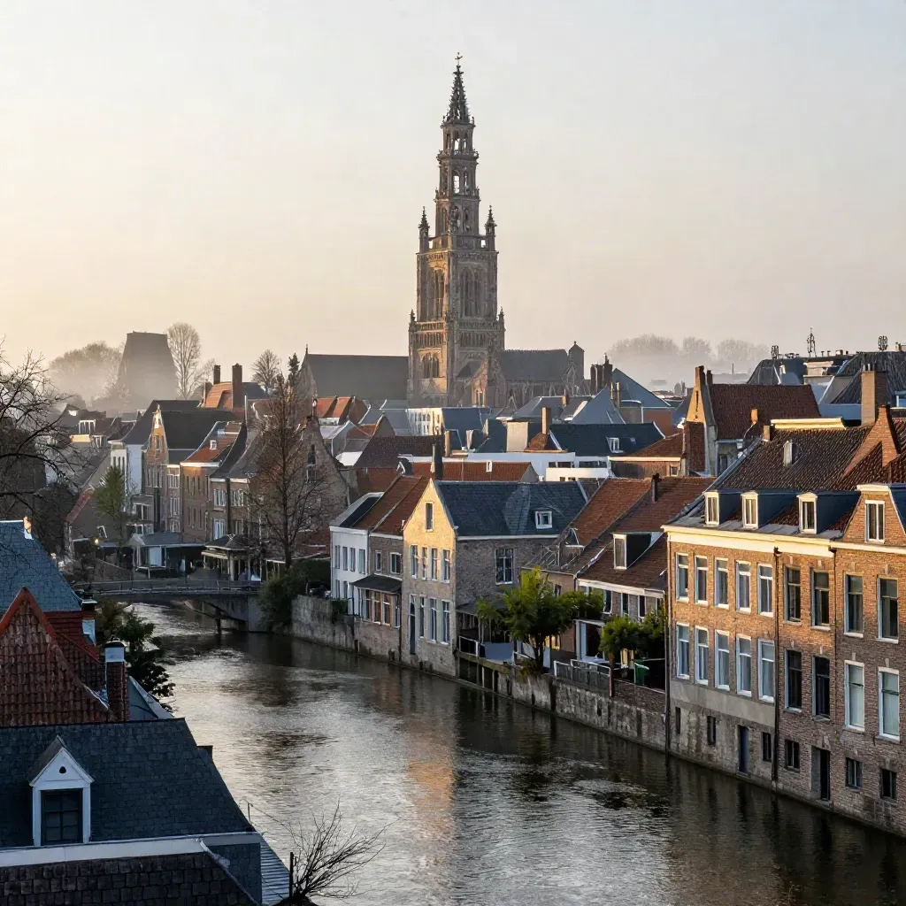 Domtoren boven mistige Utrechtse grachten en daken in warm avondlicht