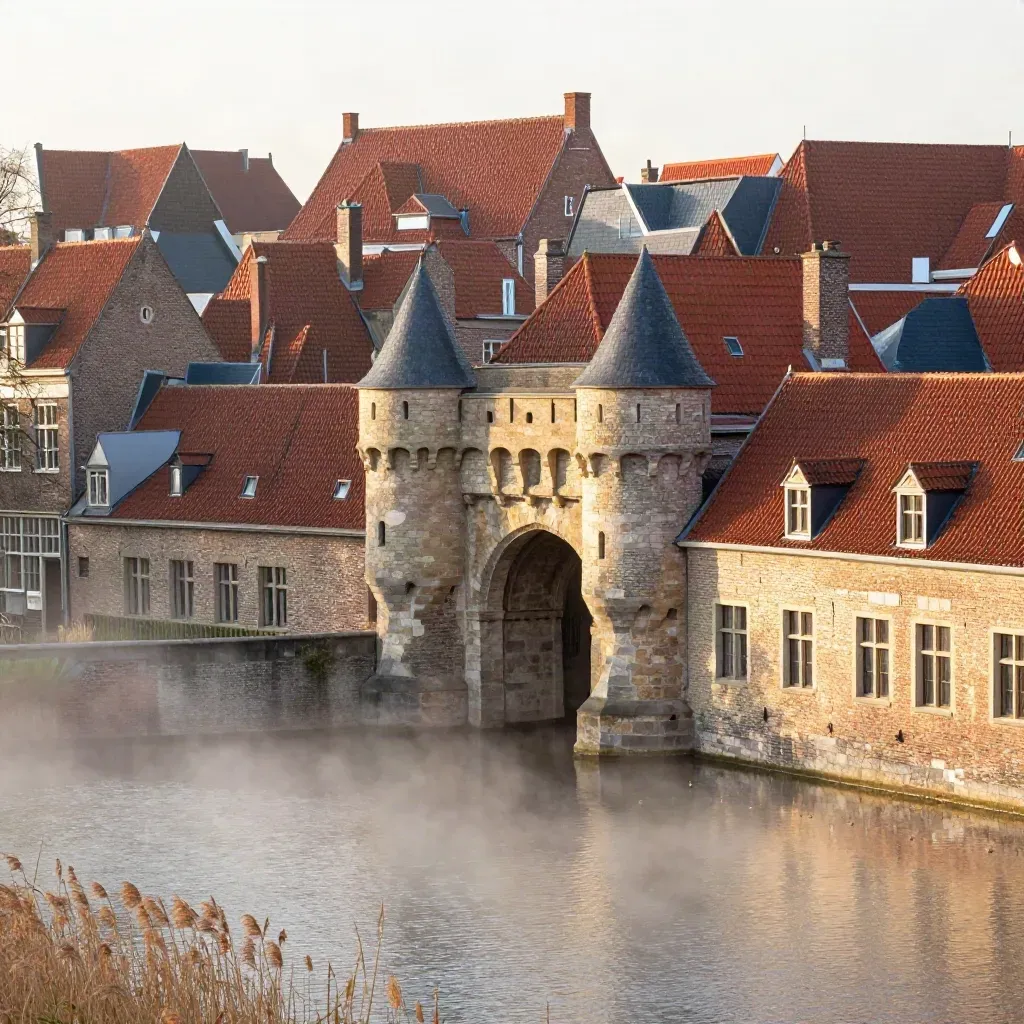 Koppelpoort en rode daken boven een rustige gracht in ochtendmist