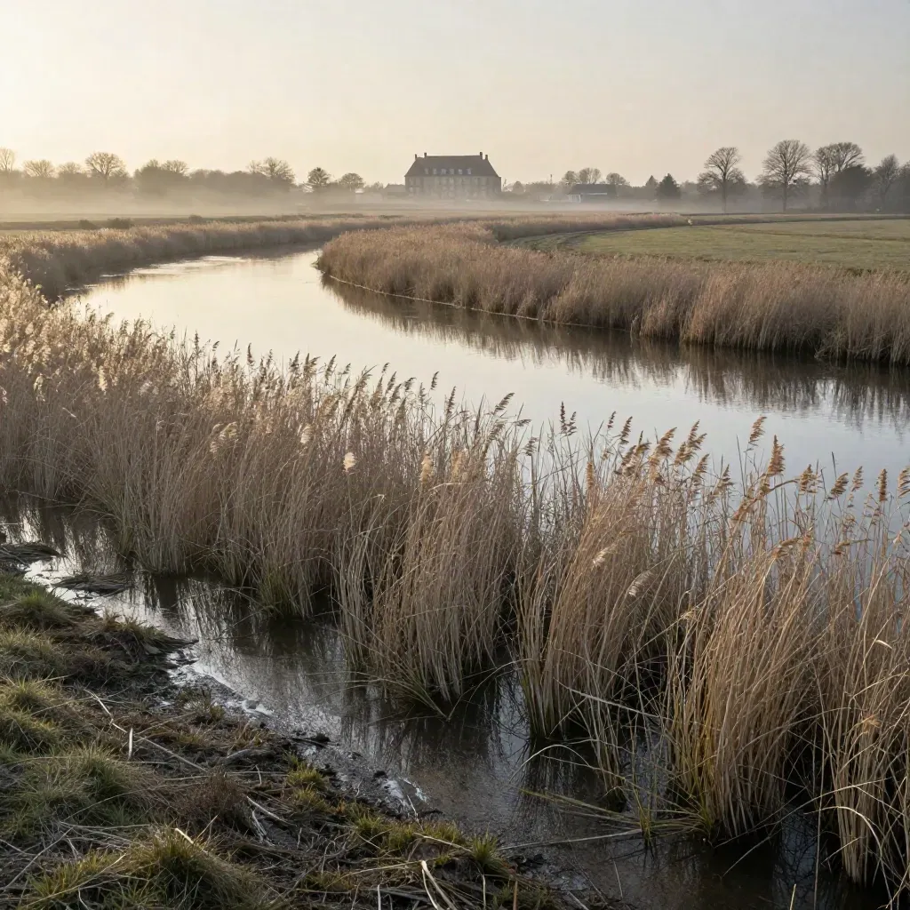 Rietkragen en een landhuis weerspiegeld in stil water bij schemering in Gooi en Vechtstreek