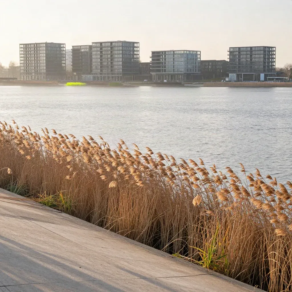 Markermeerkust bij Almere met riet, lage skyline en zacht avondlicht